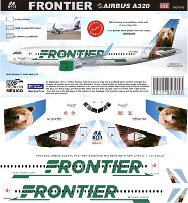 1:144 Frontier Airlines (2015 cs) Airbus A.320 "Grizwald the Bear"
